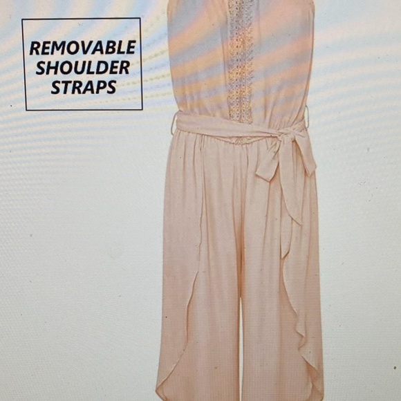 Women's Removable Strap Flowy Jumpsuit Tube Top Wide Leg Pants Romper with Belt - Picture 7 of 9